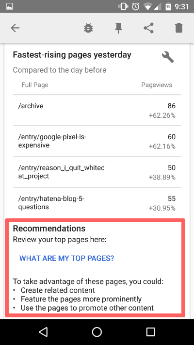 Googleアナリティクスアプリのアシスタント画面